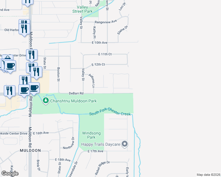 map of restaurants, bars, coffee shops, grocery stores, and more near 1311 Farrow Circle in Anchorage
