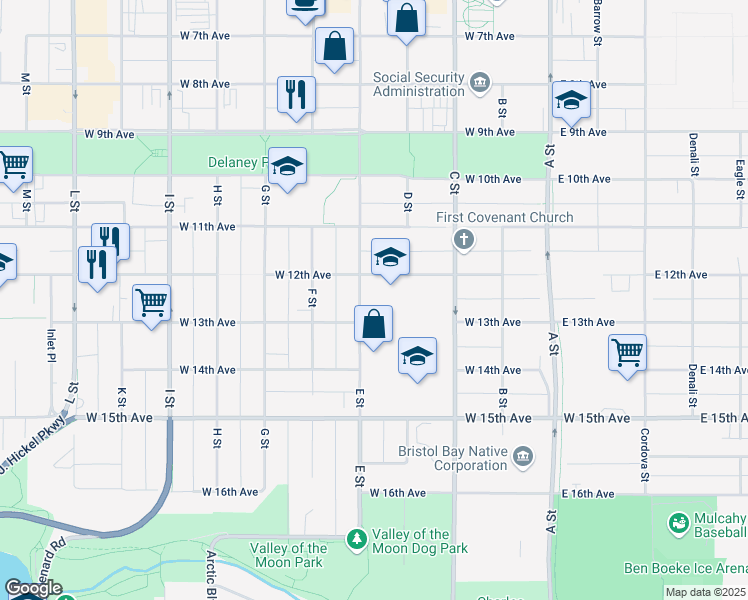 map of restaurants, bars, coffee shops, grocery stores, and more near 1205 E Street in Anchorage