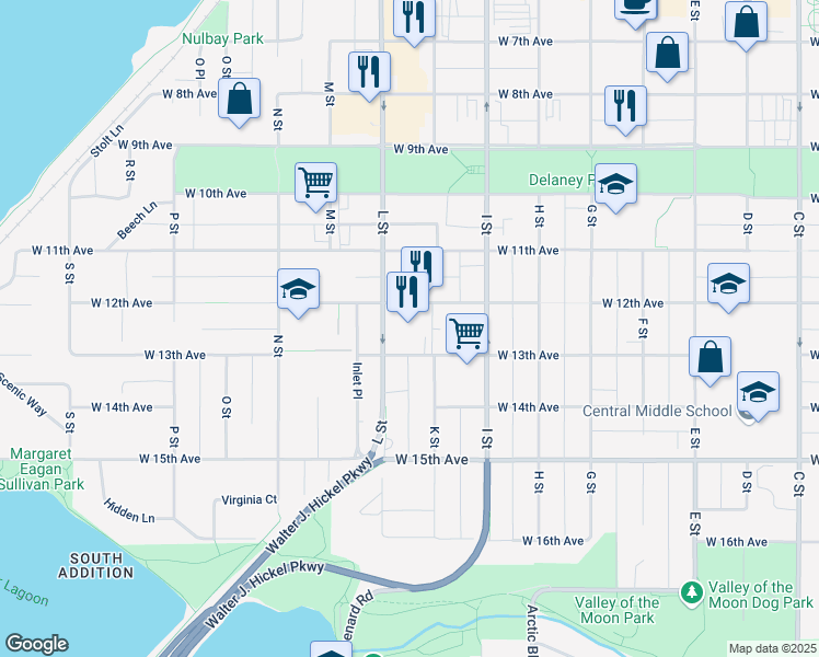 map of restaurants, bars, coffee shops, grocery stores, and more near 1020 West 12th Avenue in Anchorage
