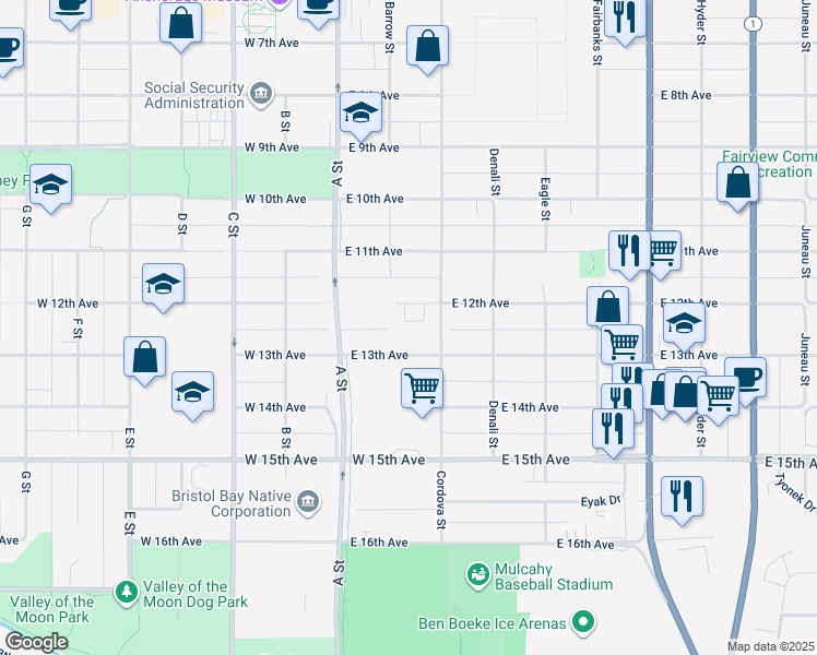 map of restaurants, bars, coffee shops, grocery stores, and more near 200 East 12th Avenue in Anchorage