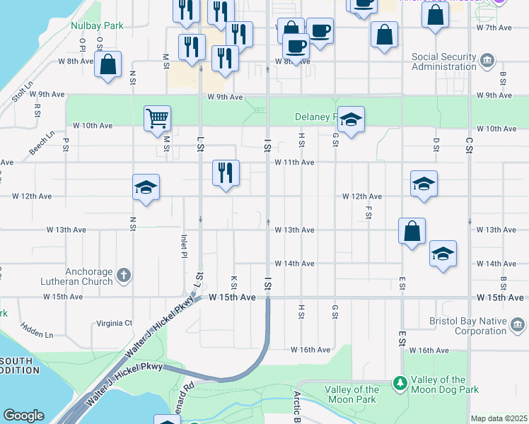 map of restaurants, bars, coffee shops, grocery stores, and more near 1203 I Street in Anchorage