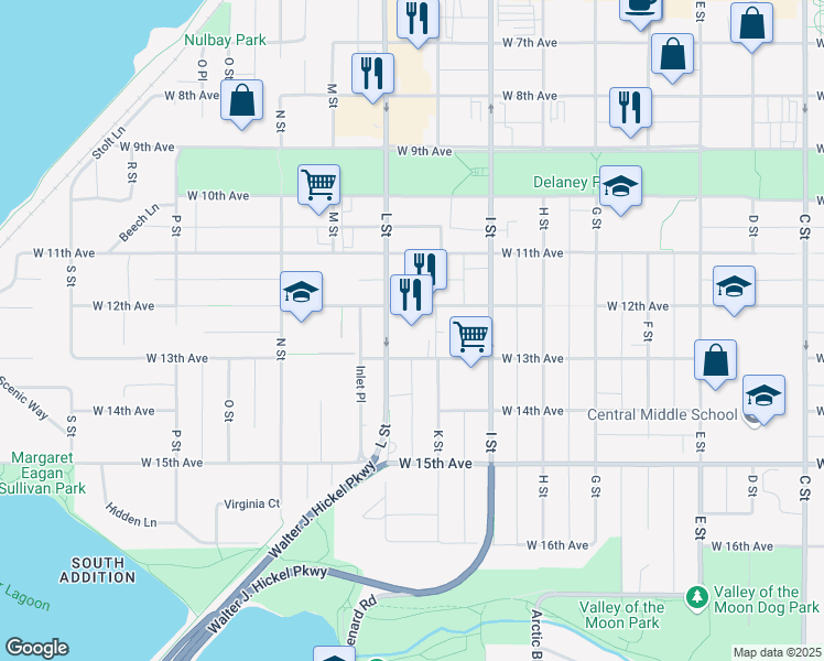 map of restaurants, bars, coffee shops, grocery stores, and more near 1020 West 12th Avenue in Anchorage