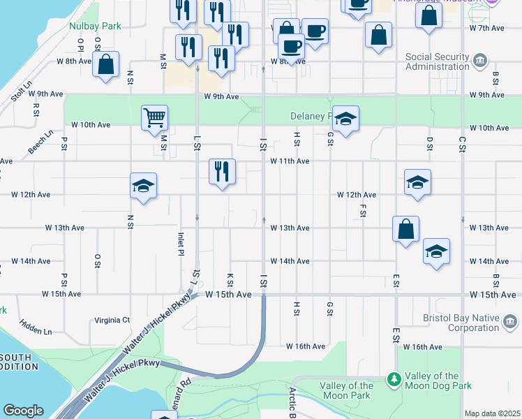 map of restaurants, bars, coffee shops, grocery stores, and more near 1203 I Street in Anchorage