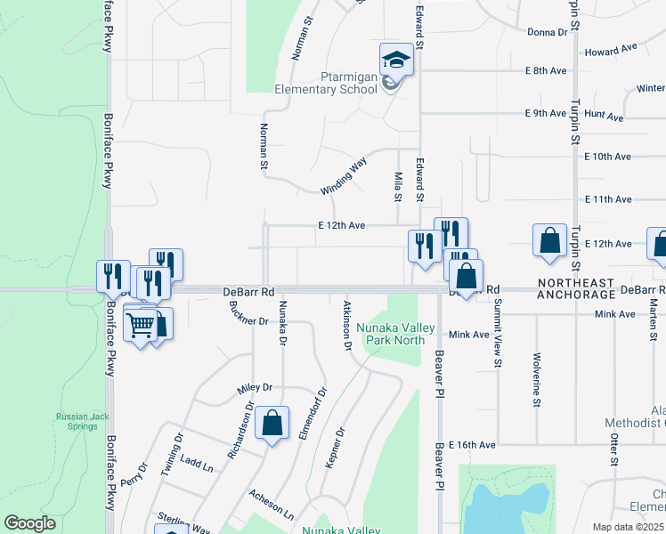 map of restaurants, bars, coffee shops, grocery stores, and more near 6049 Debarr Road in Anchorage