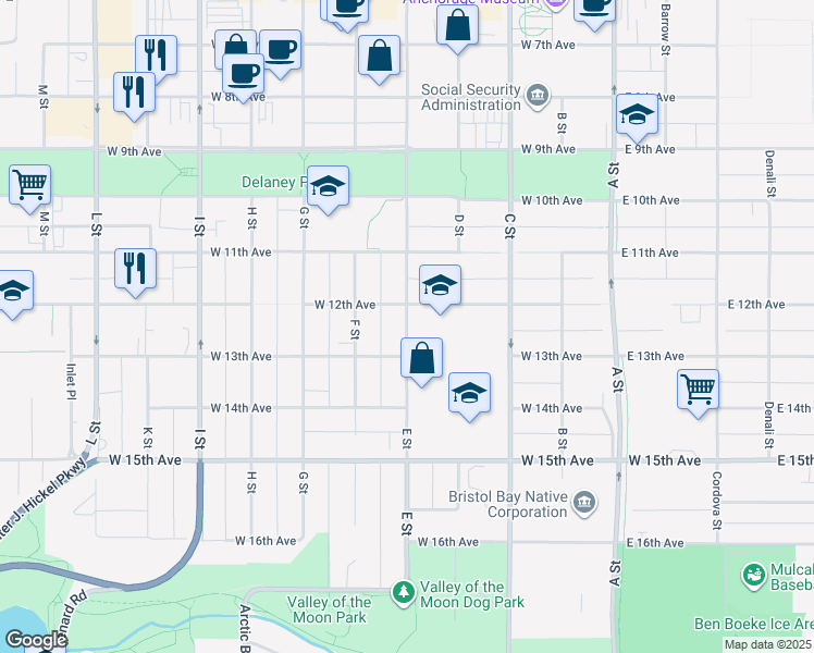 map of restaurants, bars, coffee shops, grocery stores, and more near 1219 E Street in Anchorage