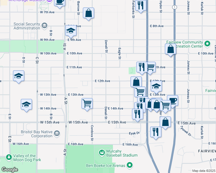 map of restaurants, bars, coffee shops, grocery stores, and more near 1201 Denali Street in Anchorage