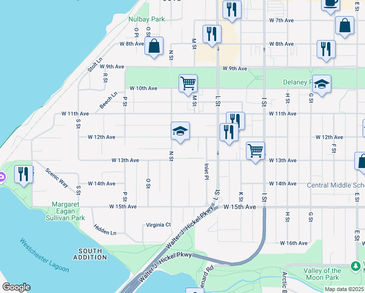map of restaurants, bars, coffee shops, grocery stores, and more near 1219 N Street in Anchorage