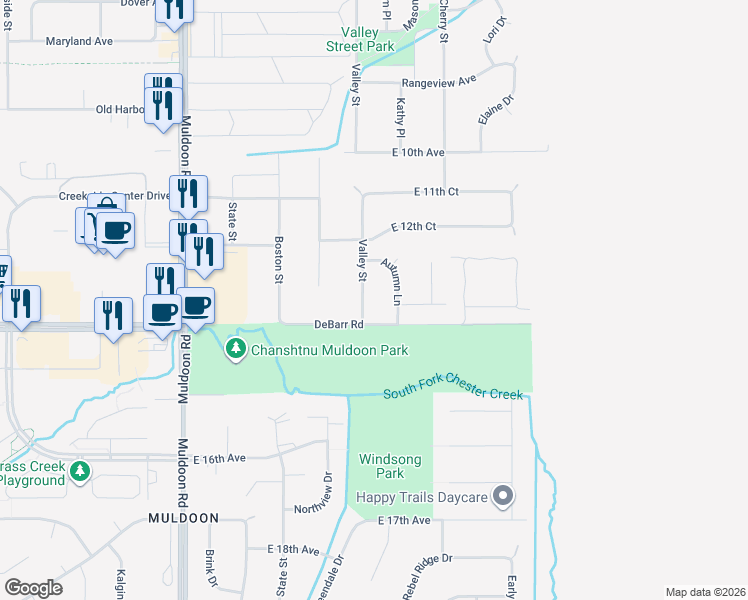 map of restaurants, bars, coffee shops, grocery stores, and more near 1301 Valley Street in Anchorage