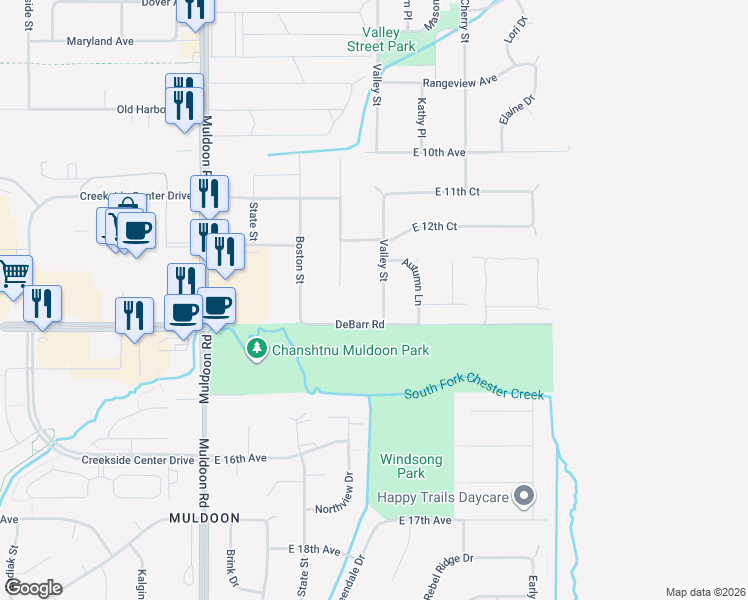 map of restaurants, bars, coffee shops, grocery stores, and more near 1301 Valley Street in Anchorage