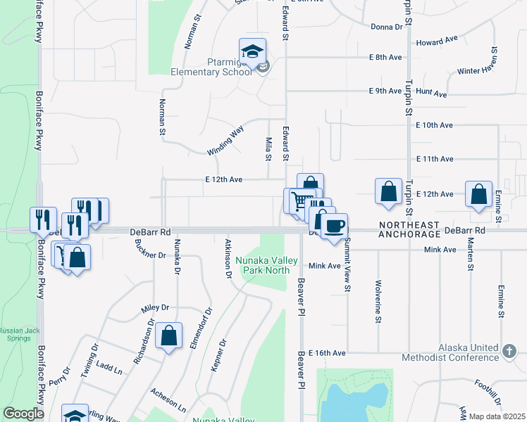 map of restaurants, bars, coffee shops, grocery stores, and more near 6211 Debarr Road in Anchorage
