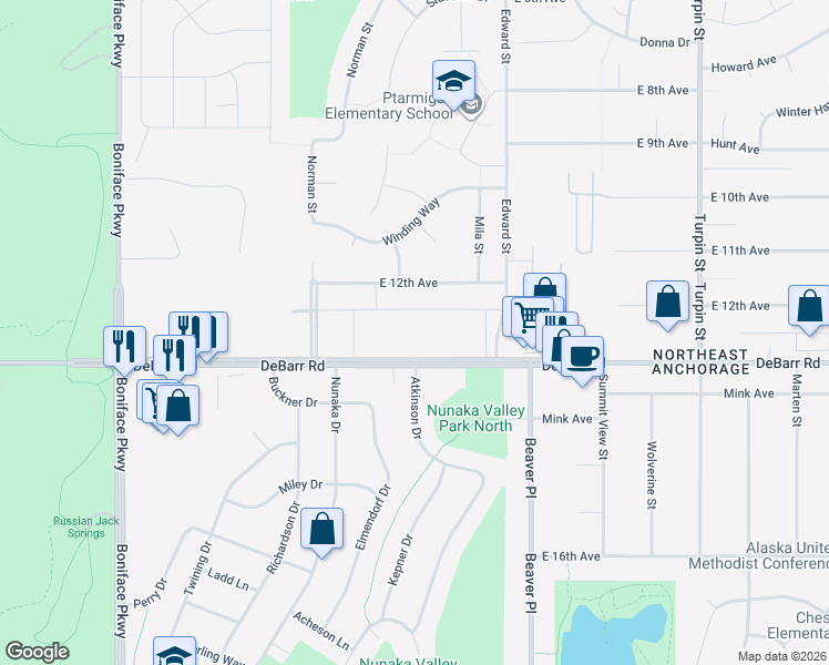map of restaurants, bars, coffee shops, grocery stores, and more near 6049 Debarr Road in Anchorage