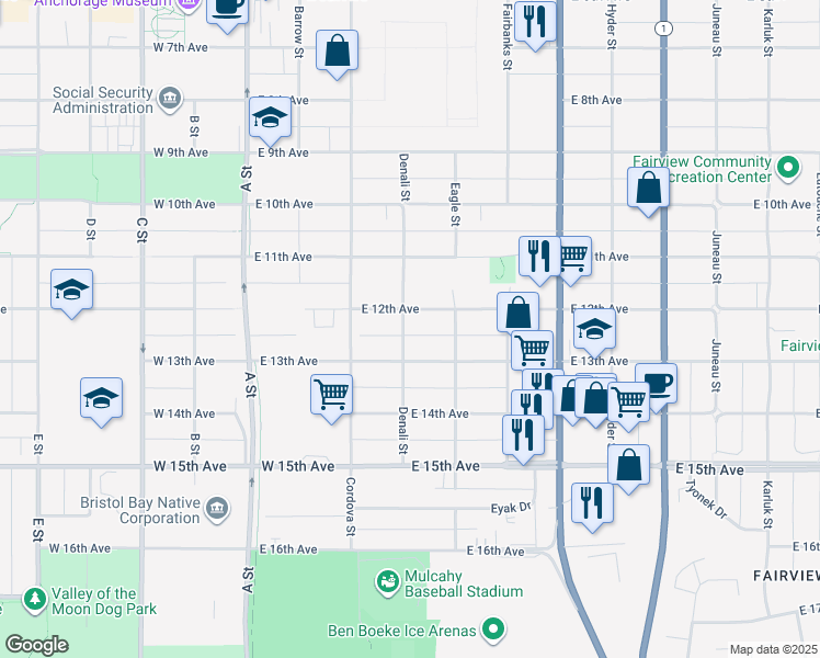 map of restaurants, bars, coffee shops, grocery stores, and more near 1201 Denali Street in Anchorage