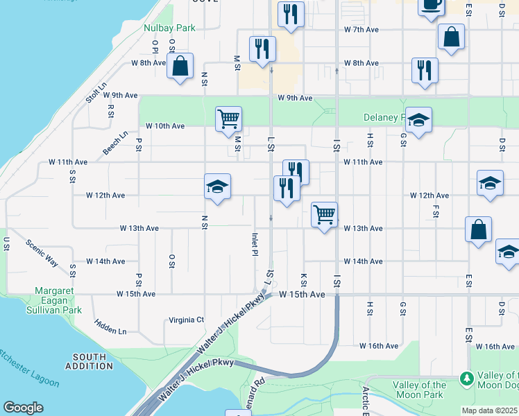 map of restaurants, bars, coffee shops, grocery stores, and more near 1201 L Street in Anchorage