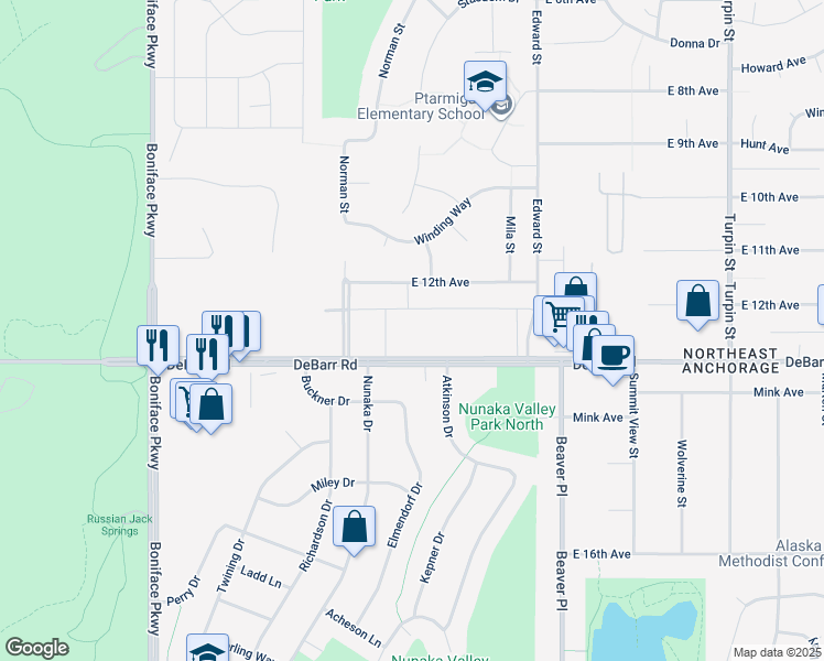 map of restaurants, bars, coffee shops, grocery stores, and more near 6029 DeBarr Road in Anchorage