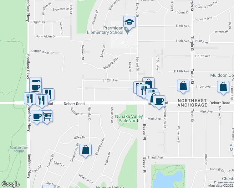 map of restaurants, bars, coffee shops, grocery stores, and more near 6129 Debarr Road in Anchorage