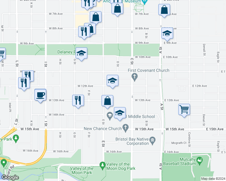 map of restaurants, bars, coffee shops, grocery stores, and more near 1205 E Street in Anchorage