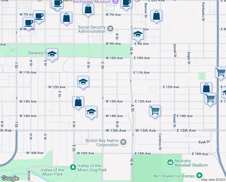 map of restaurants, bars, coffee shops, grocery stores, and more near 210 West 12th Avenue in Anchorage