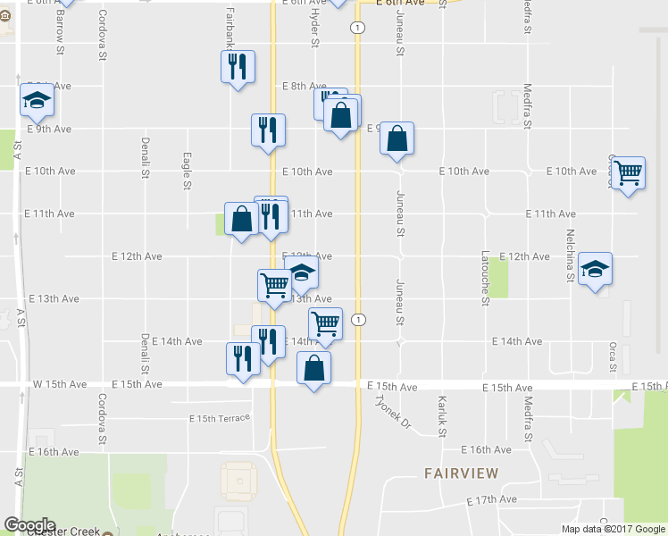 map of restaurants, bars, coffee shops, grocery stores, and more near 818 East 12th Avenue in Anchorage