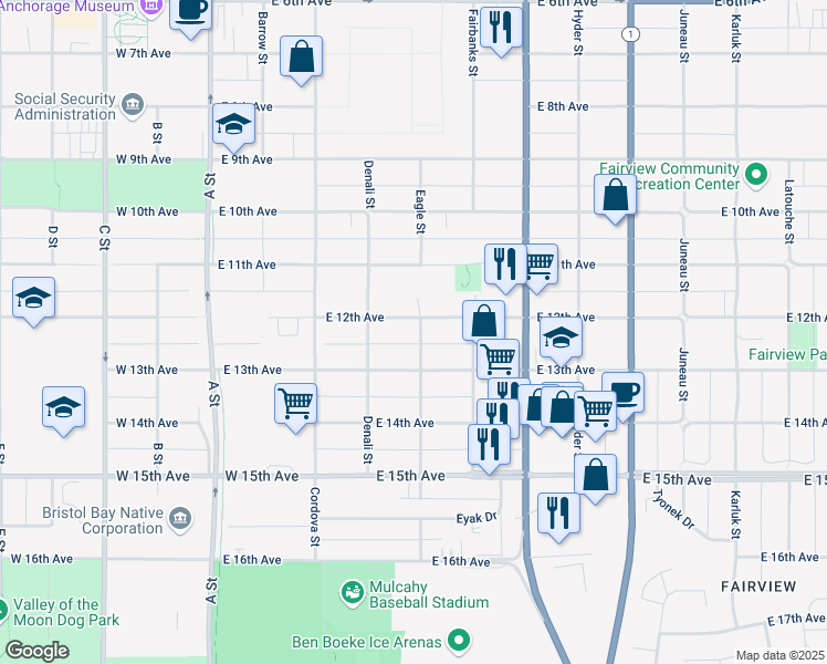 map of restaurants, bars, coffee shops, grocery stores, and more near 1200 Eagle Street in Anchorage