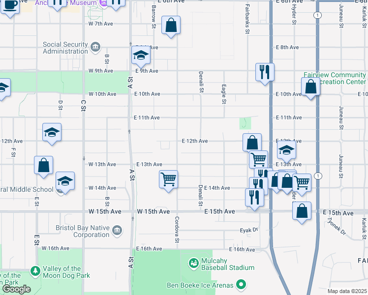 map of restaurants, bars, coffee shops, grocery stores, and more near 308 E 12th Ave in Anchorage