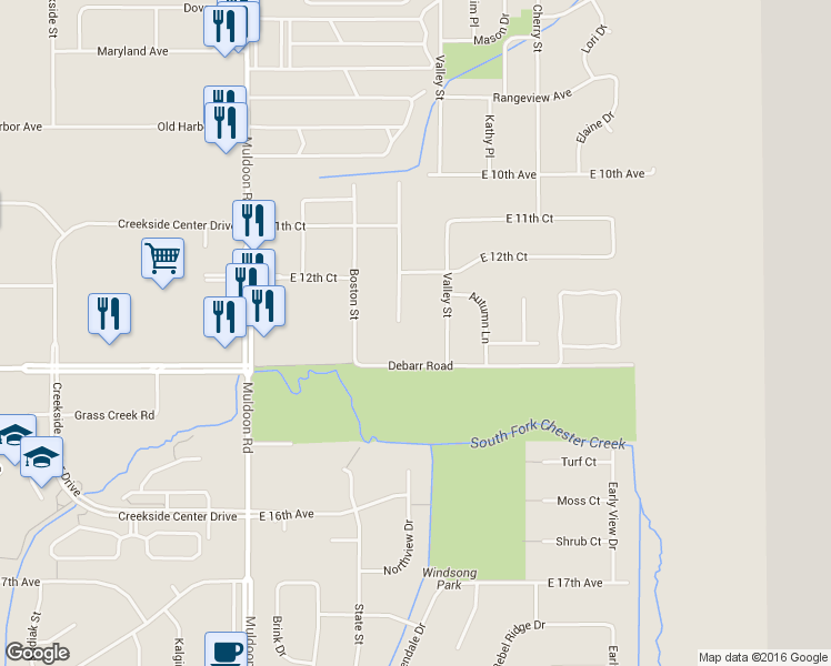 map of restaurants, bars, coffee shops, grocery stores, and more near 1251 Friendly Lane in Anchorage