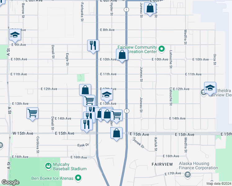 map of restaurants, bars, coffee shops, grocery stores, and more near 818 East 12th Avenue in Anchorage