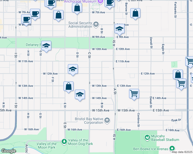 map of restaurants, bars, coffee shops, grocery stores, and more near 210 West 12th Avenue in Anchorage