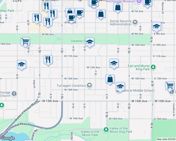 map of restaurants, bars, coffee shops, grocery stores, and more near 1207 G Street in Anchorage