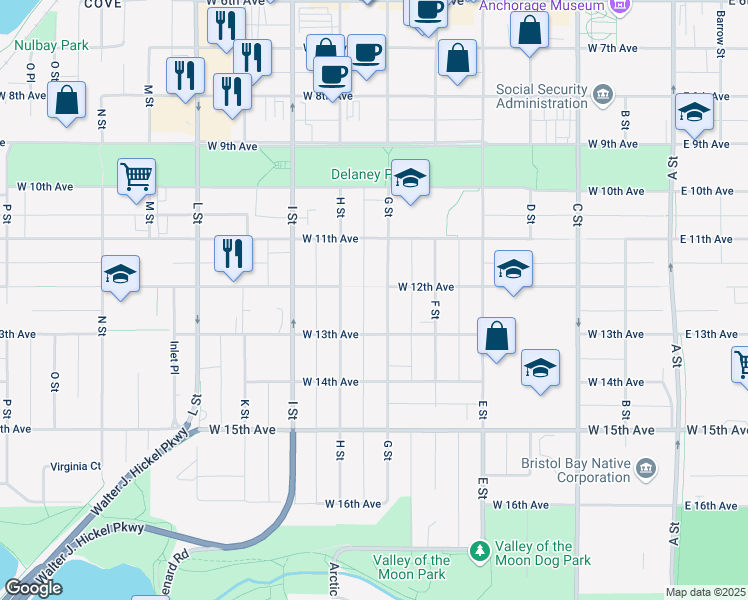map of restaurants, bars, coffee shops, grocery stores, and more near 1210 G Street in Anchorage