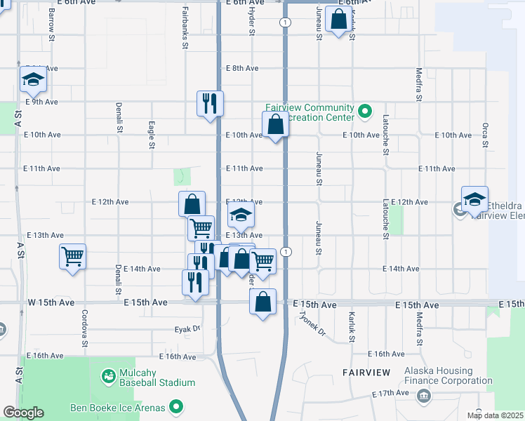 map of restaurants, bars, coffee shops, grocery stores, and more near 812 East 12th Avenue in Anchorage