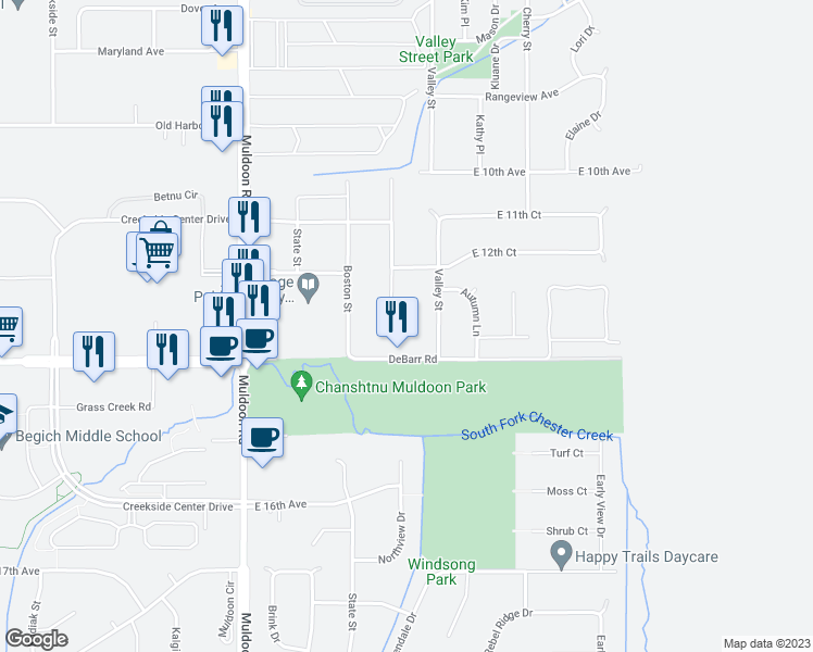 map of restaurants, bars, coffee shops, grocery stores, and more near 1251 Friendly Lane in Anchorage