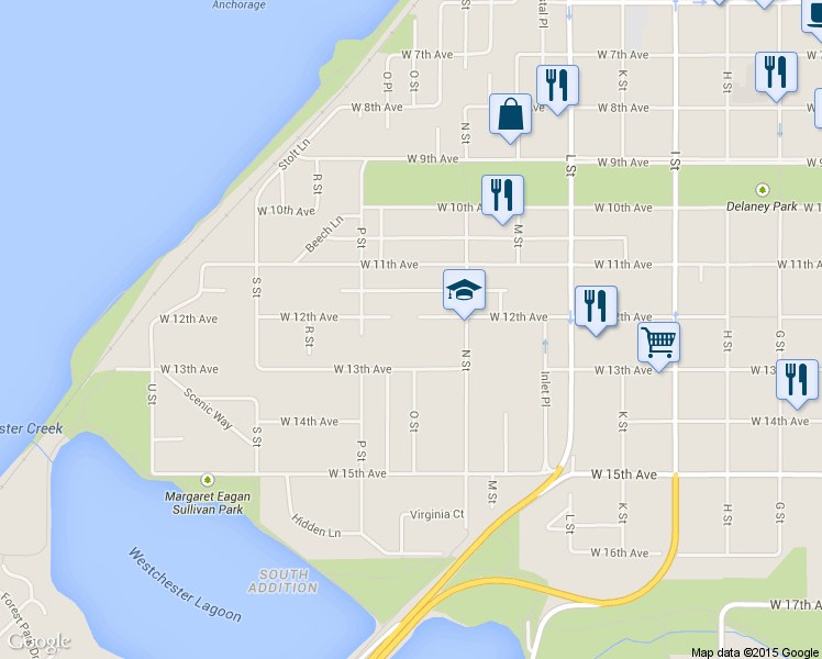 map of restaurants, bars, coffee shops, grocery stores, and more near 1342 West 12th Avenue in Anchorage