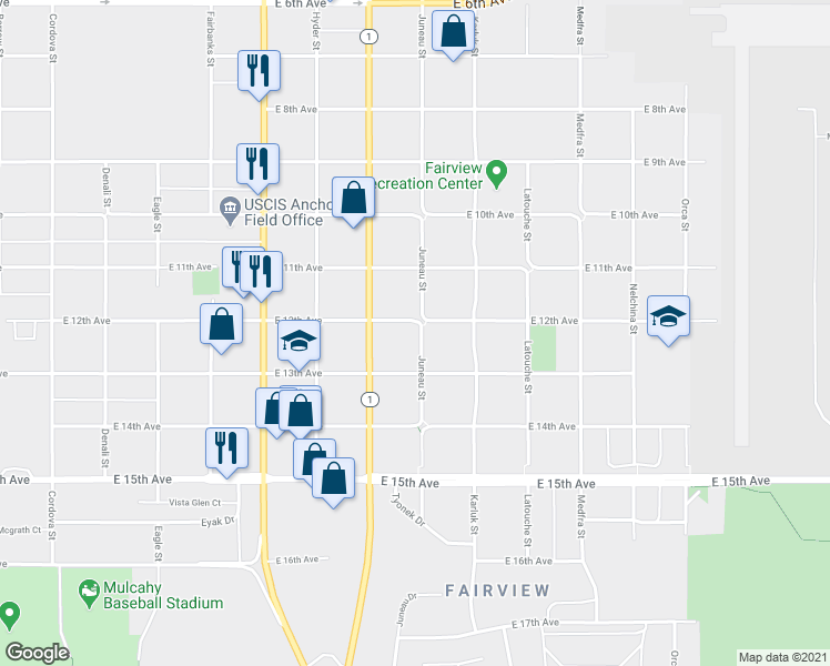 map of restaurants, bars, coffee shops, grocery stores, and more near 944 East 12th Avenue in Anchorage