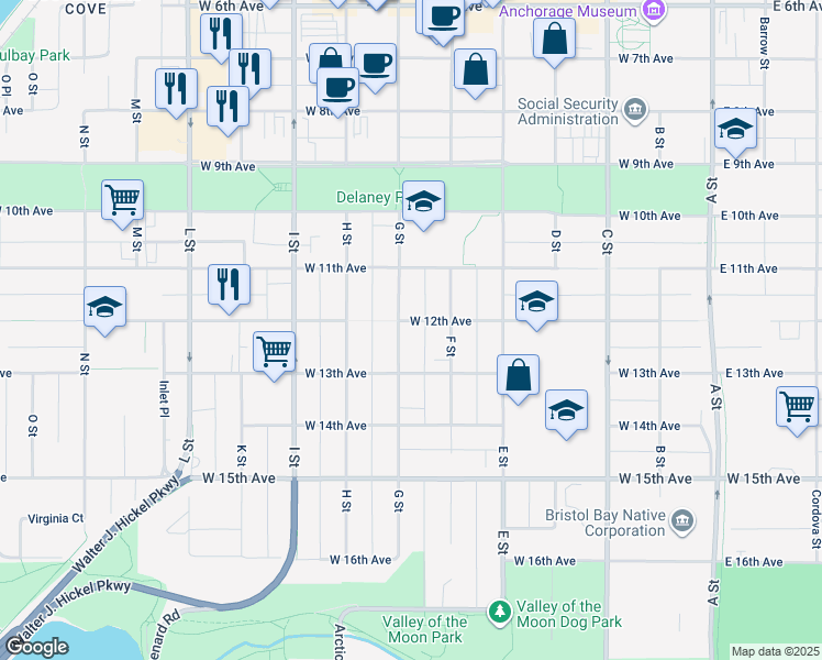 map of restaurants, bars, coffee shops, grocery stores, and more near 1207 G Street in Anchorage
