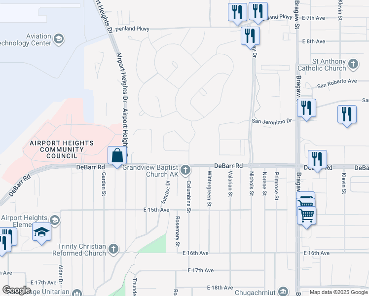 map of restaurants, bars, coffee shops, grocery stores, and more near 1200 Columbine Street in Anchorage