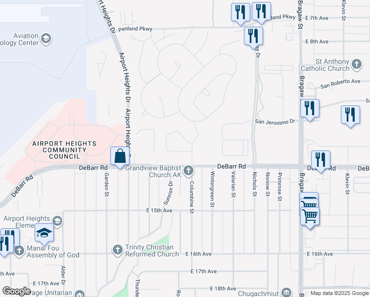 map of restaurants, bars, coffee shops, grocery stores, and more near 1200 Columbine Street in Anchorage