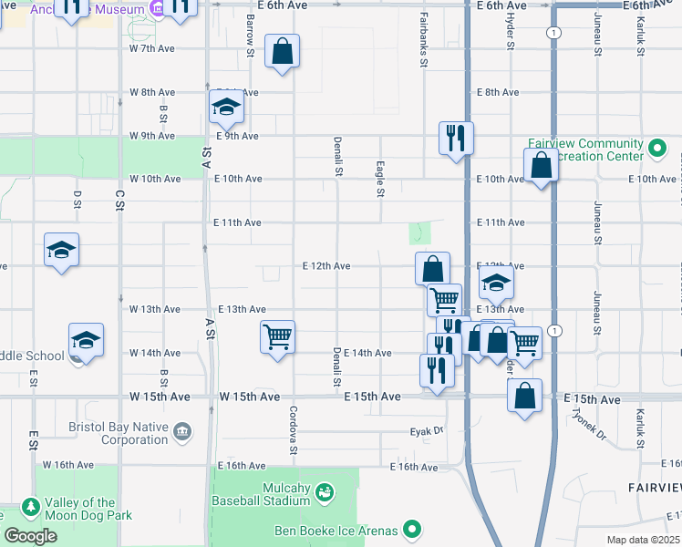 map of restaurants, bars, coffee shops, grocery stores, and more near 1201 Denali Street in Anchorage