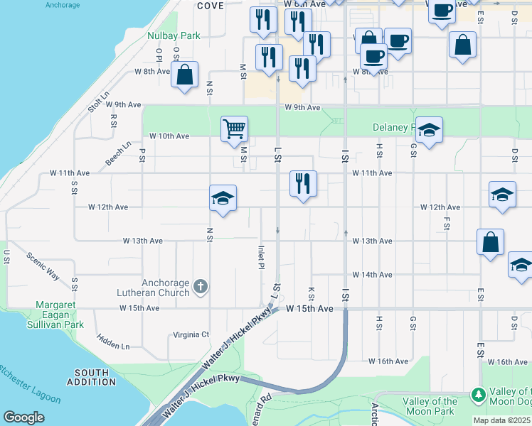 map of restaurants, bars, coffee shops, grocery stores, and more near 1201 L Street in Anchorage