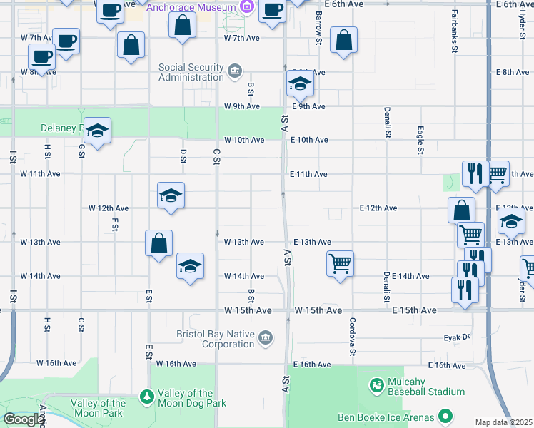 map of restaurants, bars, coffee shops, grocery stores, and more near 134 West 12th Avenue in Anchorage
