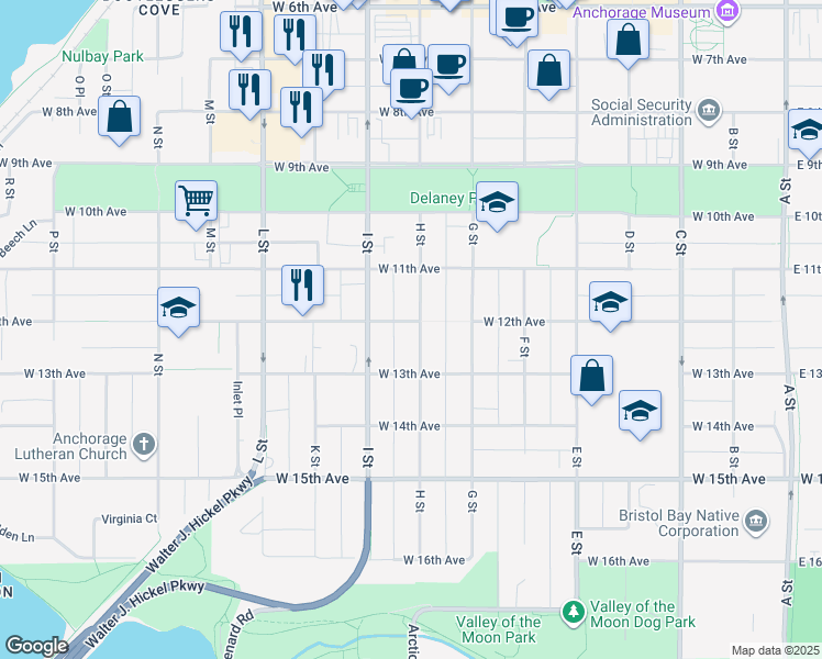 map of restaurants, bars, coffee shops, grocery stores, and more near 1202 H St in Anchorage
