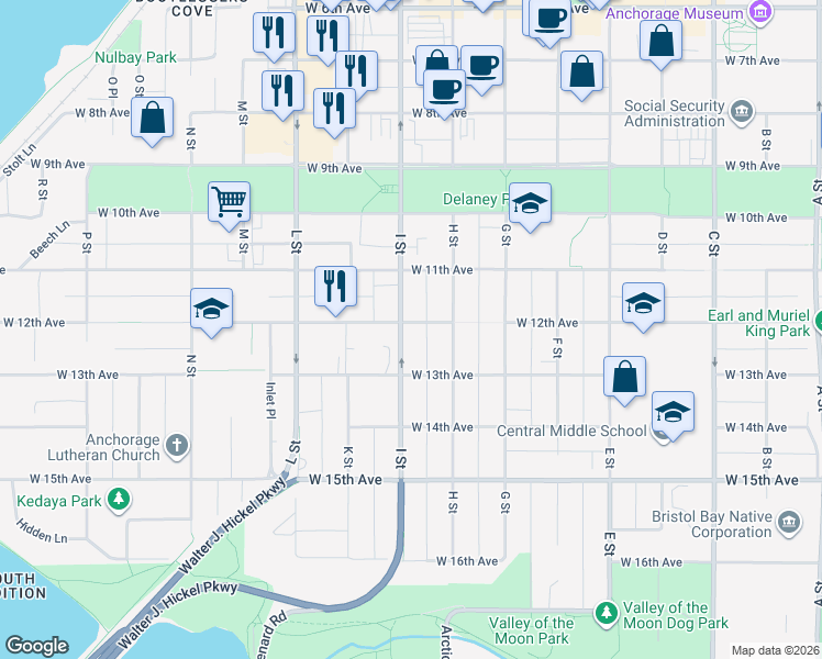 map of restaurants, bars, coffee shops, grocery stores, and more near 1203 I Street in Anchorage