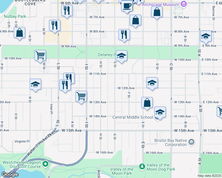 map of restaurants, bars, coffee shops, grocery stores, and more near 1210 G Street in Anchorage