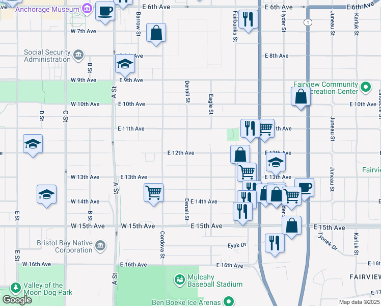 map of restaurants, bars, coffee shops, grocery stores, and more near 1201 Denali Street in Anchorage