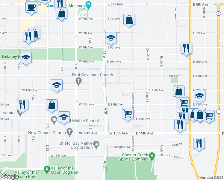 map of restaurants, bars, coffee shops, grocery stores, and more near 1201 A Street in Anchorage