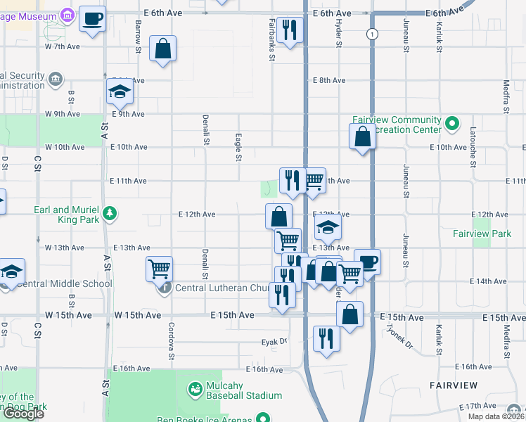map of restaurants, bars, coffee shops, grocery stores, and more near 537 East 12th Avenue in Anchorage