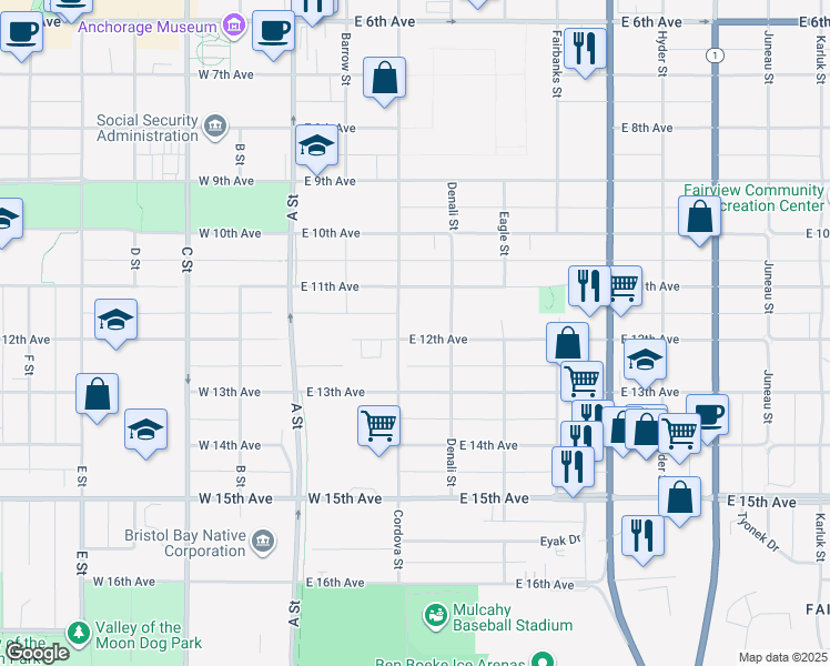 map of restaurants, bars, coffee shops, grocery stores, and more near 308 East 12th Avenue in Anchorage