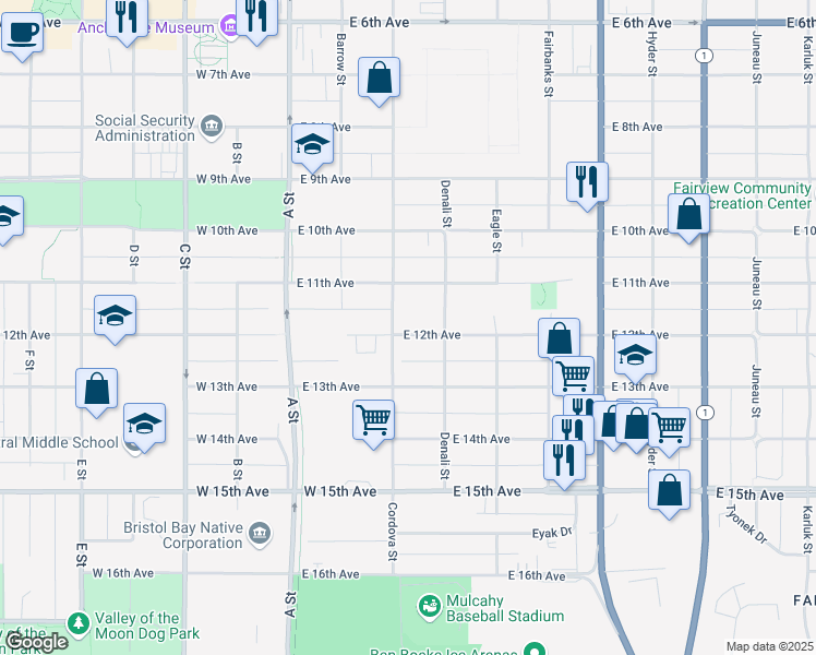 map of restaurants, bars, coffee shops, grocery stores, and more near 308 East 12th Avenue in Anchorage