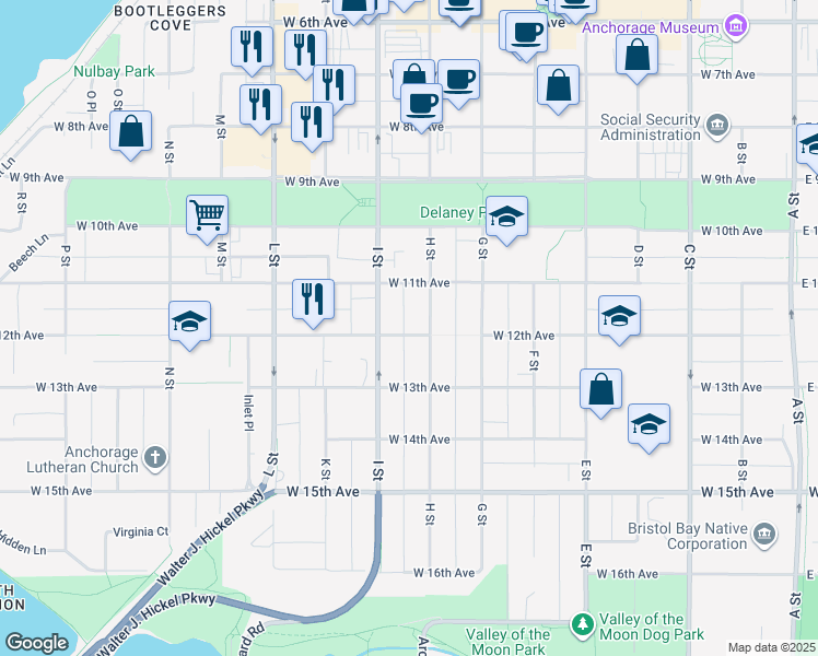map of restaurants, bars, coffee shops, grocery stores, and more near 1202 H Street in Anchorage