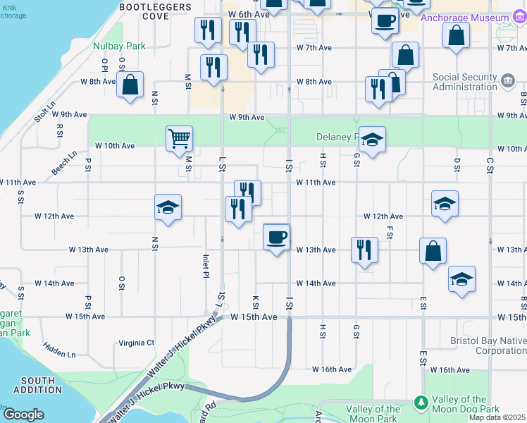 map of restaurants, bars, coffee shops, grocery stores, and more near 1200 I Street in Anchorage
