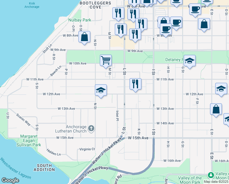 map of restaurants, bars, coffee shops, grocery stores, and more near 1143 West 12th Avenue in Anchorage